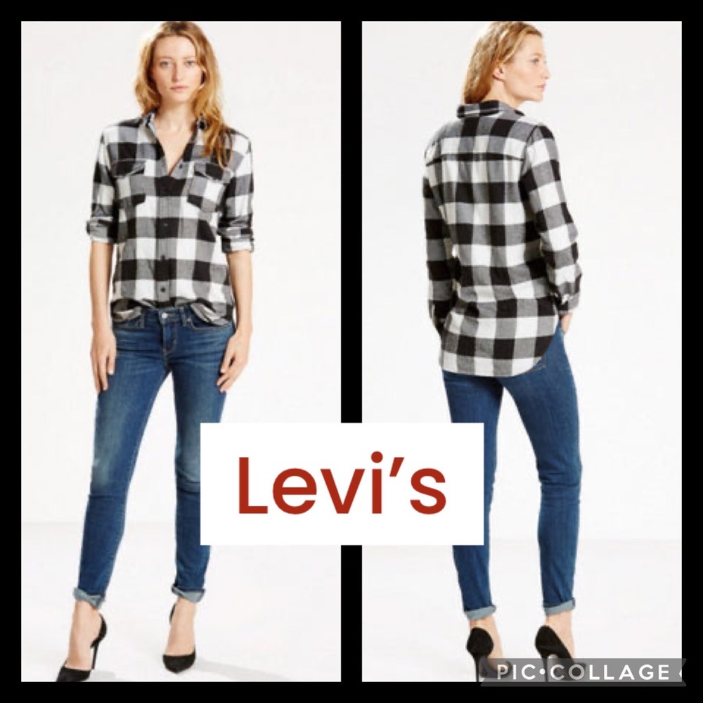 Levi’s Boyfriend Fit Black & White Tartan Plaid Button Down Flannel Shirt
